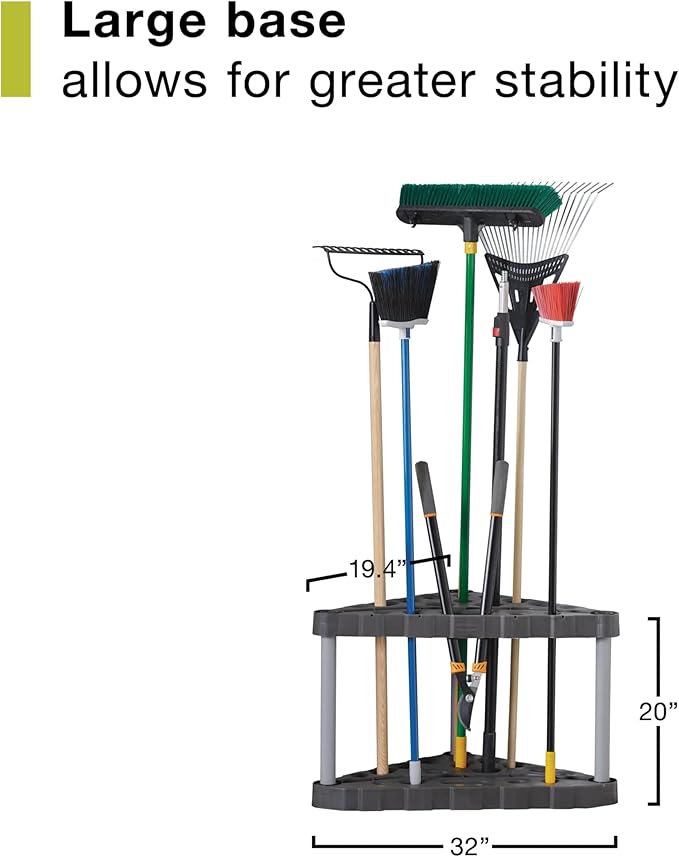 Rubbermaid Plastic Garage Corner Tool Tower Rack, Easy to Assemble, Organizes up to 30 Long-Handled Tools/Rakes/ Brooms/Shovles for Home/House/Outdoor/Sheds