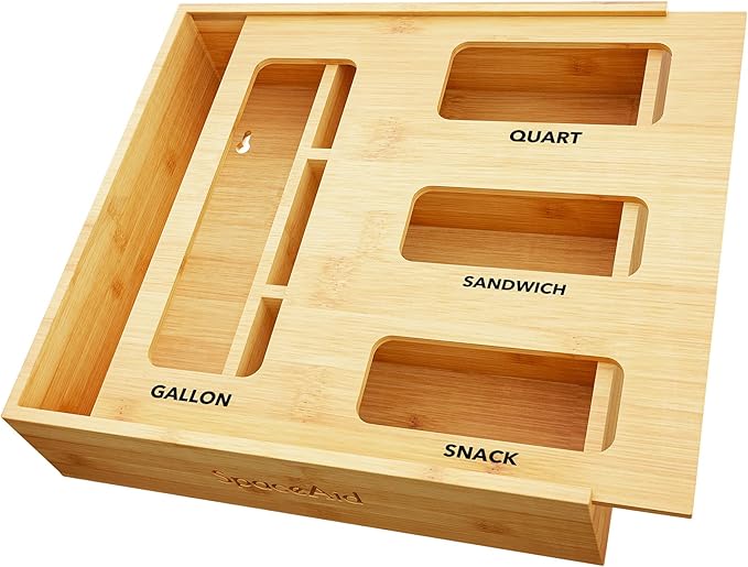 SpaceAid Bag Storage Organizer for Kitchen Drawer, Bamboo Organizer, Compatible with Gallon, Quart, Sandwich and Snack Variety Size Bag (1 Box 4 Slots)