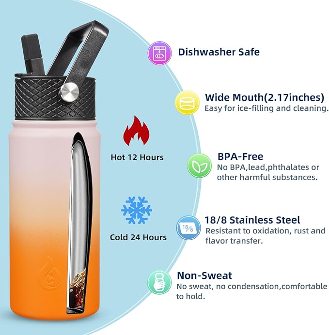 BJPKPK Insulated Water Bottles with Straw Lid, 18oz Stainless Steel Metal Water Bottle, Cold Hot Thermo with 3 Lids, Leak Proof BPA Free Travel Cup, Wide Mouth Flasks, Thermo -Coral