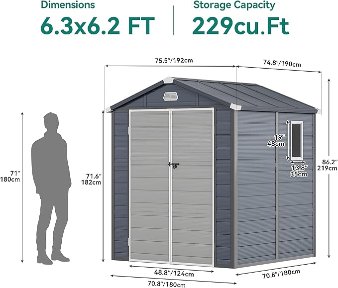 YITAHOME 6x6FT Outdoor Storage Shed w/o Floor, All-Weather Plastic Shed with Lockable Doors, Window & Vents, Plastic Tool Shed for Backyard, Patio, Poolside, Gray