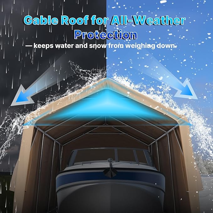 ADVANCE OUTDOOR 10x15 ft Shelter Storage Shed Steel Metal Peak Roof Portable Garage Carports for Motorcycle, Boat or Garden Tools with 2 Roll up Doors & Vents, Beige