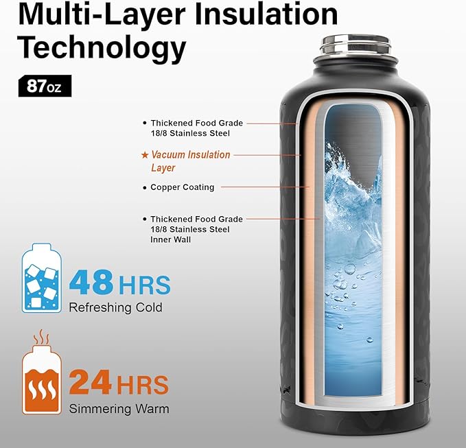 Insulated Water Bottle | Thickened Stainless Steel for Gym and Hiking with Straw, Carrier Bag, Handle Strap | BPA-Free 87 oz