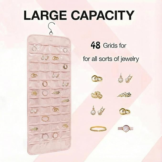 Hanging Jewelry Organizer- Dual-Sided Necklace Holder Wall Mount & Over The Door Closet Storage - Pockets Large Capacity Accessory Holder for Earrings, Rings, Bracelets - 360° Rotating (1, Pink, XL)