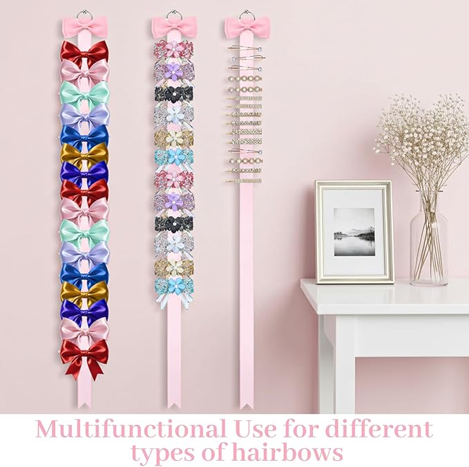 8 Pcs Bow Holder for Girls Hair Bows, Ribbon Hair Bow Organizer for Girls Women, Wall Hanging Clip Hairs Accessories Organizer Bedroom College Dorm Decor(White)(Pink)