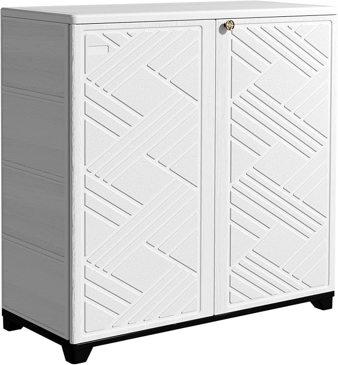 Outdoor/Indoor Storage Box,Resin and Plastic Storage Cabinet Waterproof,Outdoor Cabinet for Patio/Garden/Balcony/Backyard/All Room(with 3 Shelves)-White