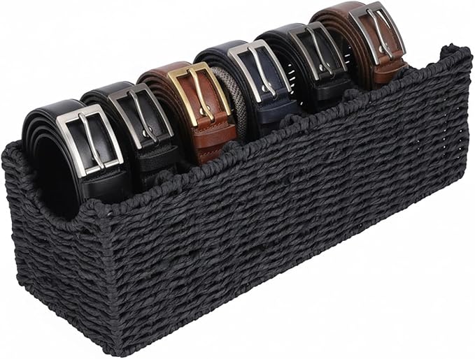 Rattan Belt Organizer for Closet, 6-Compartment Bamboo Tie and Belt Storage Box, Natural Belt & Tie Case Holder for Dresser Drawer-Black