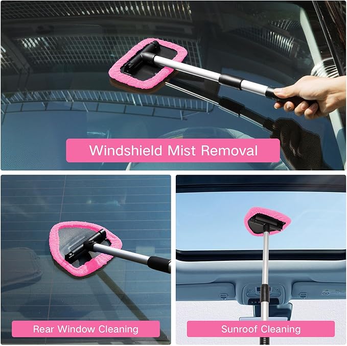 10pcs Windshield Cleaner Tool, Car Window Cleaning Wash Kit with 4 Reusable Microfiber Pads 1 Spray Bottle and Extendable Handle Auto Glass Wiper Kit, Pink