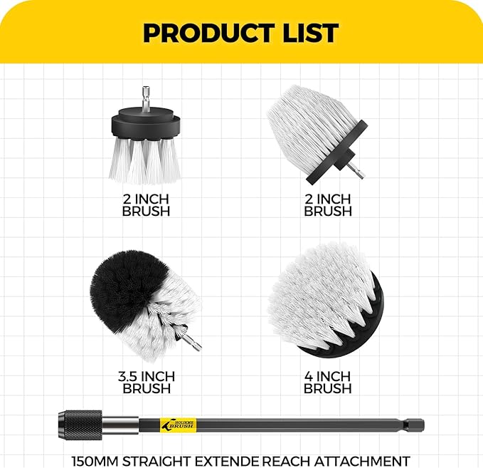 Holikme 5Pack Drill Brush Attachment Set-Car Interior Detailing Kit，Power Scrubber Brush Extended Long Attachment for Bathroom, Car，Shower，Carpet,Boat,Kitchen，Floor and Tile，White