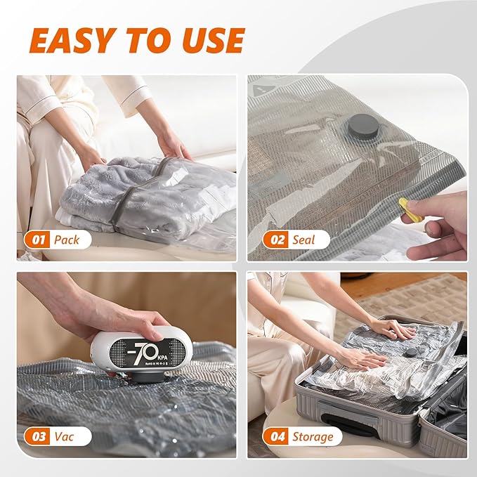 15 Pack Vacuum Seal Bags for Clothing Travel with -70KPa Electric Pump, Space Saver Storage, Reusable Vacuum Bags with Pump, Heavy Duty for Travel, White
