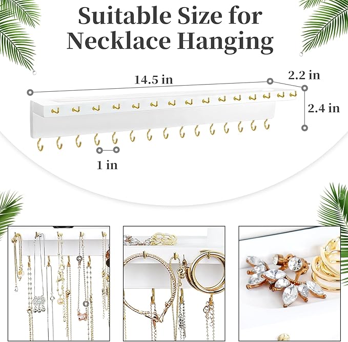 Necklace Holder, Upgraded Extra Large Wall Necklace Organizer with 30 Hooks Wall Mounted Necklace Hanger with Jewelry Tray/Cosmetics Shelf Rustic Pine Wood Holder (White)