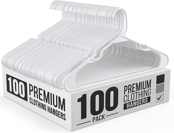 100 Pack Adult Plastic Hanger for Shirt Pants Coats Dresses Skirts Suits Jackets - Standard Thick Coat Hanger - Sturdy & Durable Design with Shoulder Grooves Hook - White