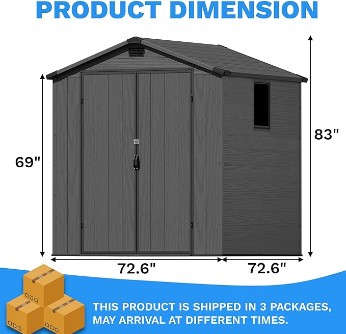 Greesum 6x6FT Plastic Outdoor Storage Shed with Floor, Resin Sheds with Lockable Double Door, Tool Sheds with Window and Vents, for Garden, Backyard, Patio, Dark Gray