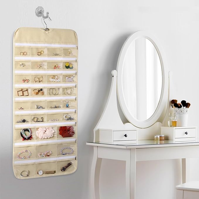Hanging Jewelry Organizer Storage with Hanger, 66 Pockets Earring Holder Organizer Necklace Holder with Zippers for Woman Travel Storage Roll with Pockets Hang Closet Wall Door 1pcs