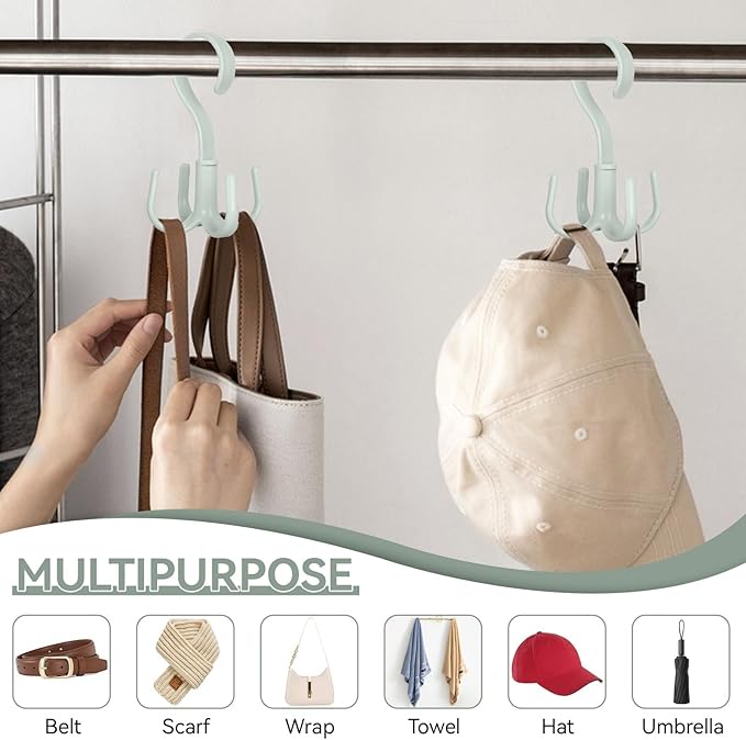 2PCS Rotating Handbag Hanger, Hoodie Hanger 360 Degree Rotating Closet Organizers with 4 Claws, Scarf Tie Rack Hooks for Belts 4 Colors, Multifunctional Closet Handbag Hook Scarf Hanging (Green)