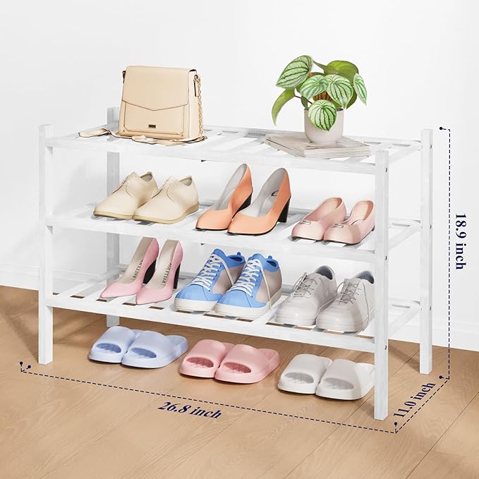 Kitsure Bamboo Wooden Shoe Rack for Closet - Stackable Shoe Organizer with Modular Structure, Space-Saving Shoe Shelf for Entryway, Living Room, Bedroom, 26.8" Wide - 3 Tiers, White