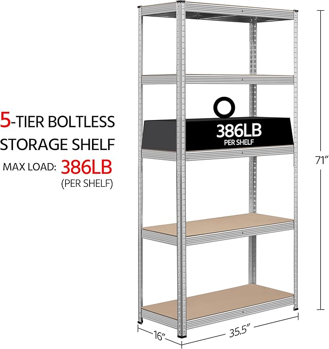 Topeakmart 5-Tier Utility Shelves, Metal Storage Shelves Unit Adjustable Garage Storage Racks Heavy Duty Shed Shelving- Silver, 35.5 x 16 x 71 Inch