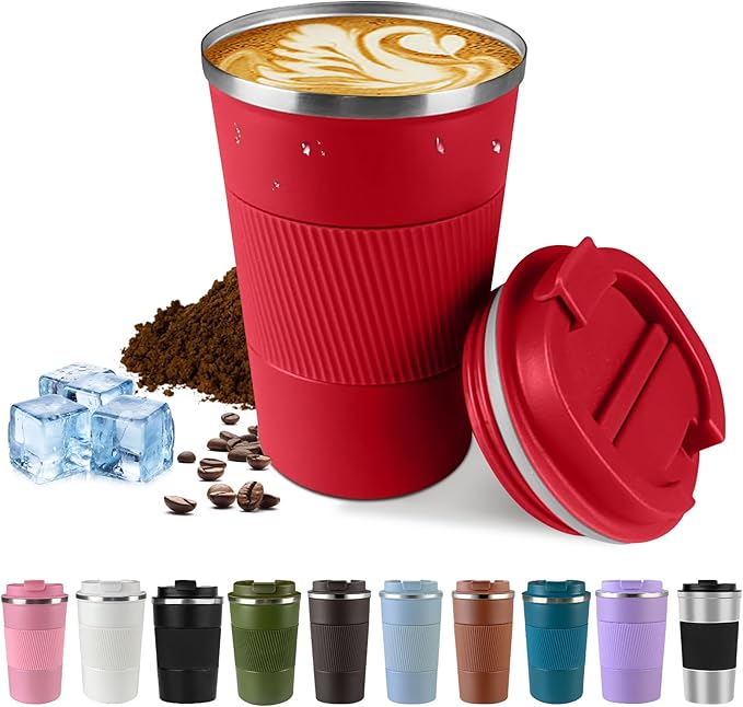 Vacuum-Insulated Stainless Steel Travel Coffee Mug, Leak-Proof Reusable Coffee Cup with Lid - Keep Hot & Cold Drinks for Hours, Durable Insulated Tumbler for Men & Women(3rd-Red, 17OZ)