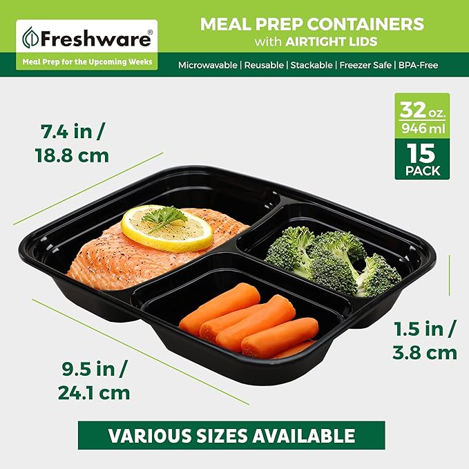 Freshware Bento Box Meal Prep Containers, 3-Compartment, 32 ounce, 15-Pack