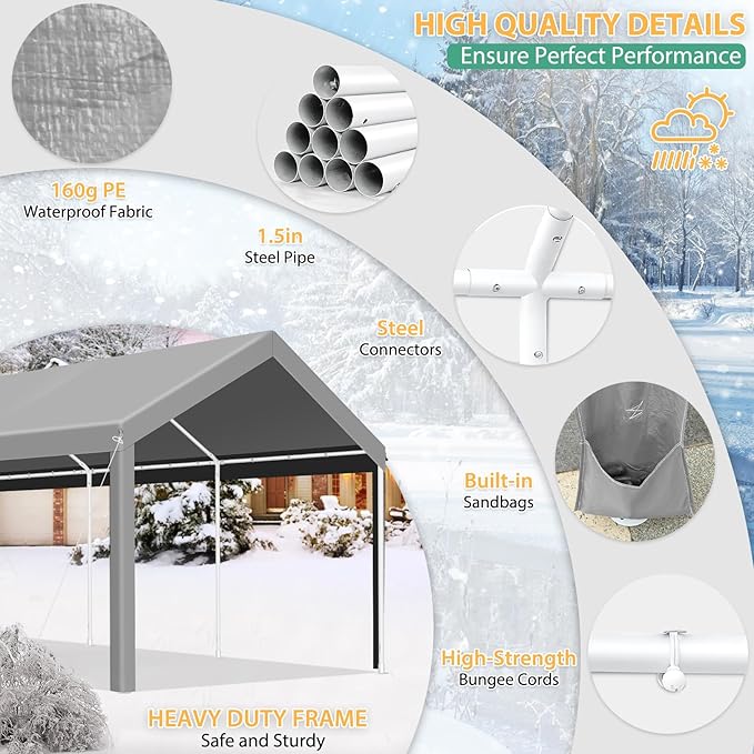 COBIZI Carport 10x20FT Heavy Duty Portable Garage, 3.0 Powder Coated Frame(Better Than Galvanized), Waterproof Shelter with Removable Sidewalls & Windows, Built-in Sandbags, for Car/Boat/SUV, Gray