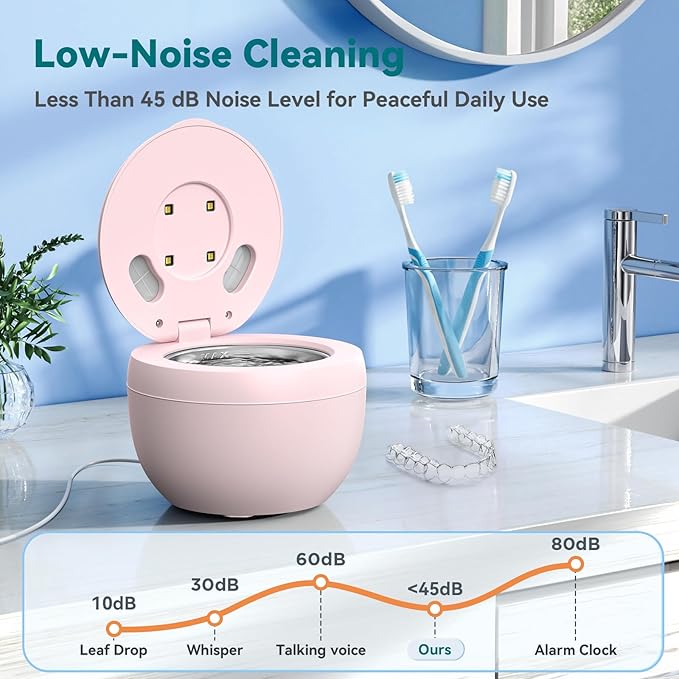 Dental Ultrasonic Retainer Cleaner Machine: 45kHz Dental Cleaning Pod for Denture, Mouth Guard, Night Guard, Aligner, Braces, Toothbrush Head & Jewelry, UV Cleaner with Digital Timer & 4 Modes, Pink