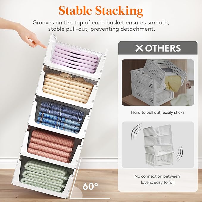 Lifewit 4 Pack Stackable Closet Organizers and Storage Basket for Clothes, Plastic Sweater Storage Bins for Wardrobe, Multifunctional Pants Organizer for RV, Pantry, Bathroom, Kitchen, Dorm, 24L