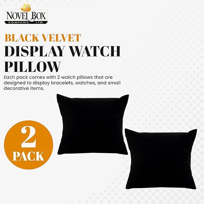 Novel Box 2 Pack Black Velvet Jewelry Display Watch Pillow 3x3 Inches - Bracelet Pillows for Easy Care & Soft Protection - Watch Cushion for Birthday, Valentine’s Day & Wedding Gift Displays