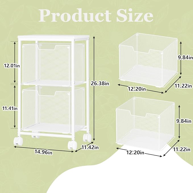 Rolling File Cart with 2 Storage Drawers,Under Desk Storage Cart,Hanging File Folder Organizer with Wheels, Filing Cabinet Mobile Printer Stand Utility Craft Cart for Home Office,White