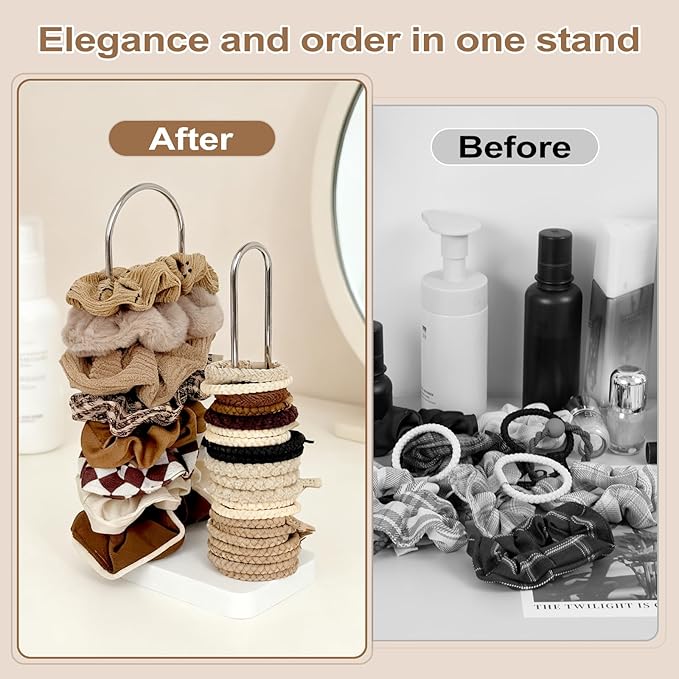 2-Tier Hair Tie Organizer, Modern Scrunchies Storage Tower Holds 30-50 Hair Accessories, Claw Clip Holder, Fashion Countertop Display Stand for Women & Girls(White)