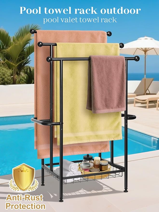 Haturi Free Standing Towel Rack for Bathroom, 39" Black 3-Tier Rust-Resistant Outdoor Towel Drying Rack for Pool, Metal Blanket Rack Holder with Storage Basket for Oversized Bath Towels