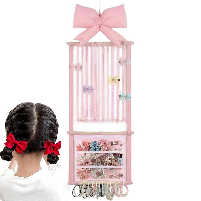 Hair Clip Organizer - Pink Bow Mesh Bag Wall Mount - Hair Clip Storage Wall Hanger - for Women Teen Girls Door Closet Bedroom Living Room Home Decor Apartment