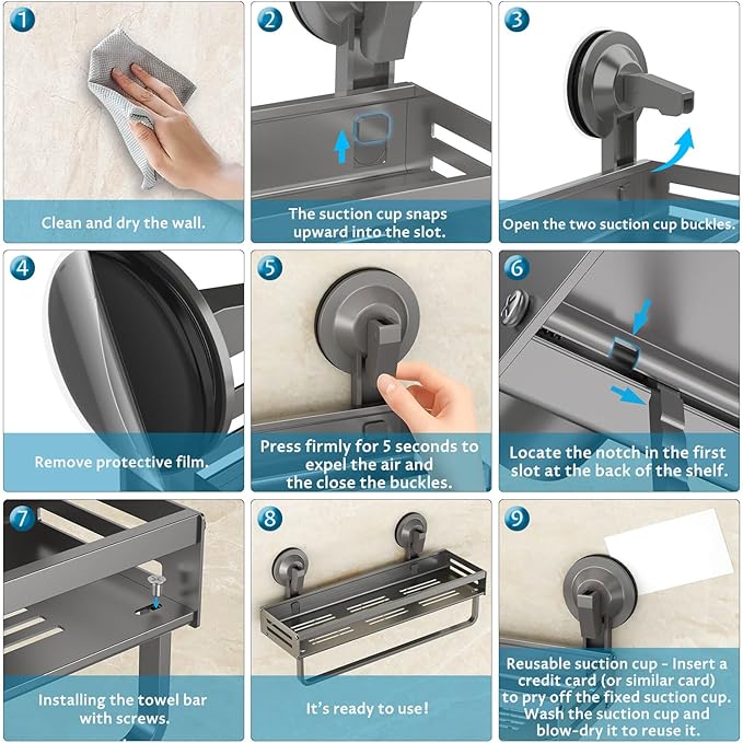 Onemake Shower Caddy Suction Cup, 1 Pack 15.7 inch Aluminum Suction Showers Organizer with Towel Bar & Hooks, Rustproof Shower Shelf for Inside Shower, NO-Drilling Bathroom Holder Storage Rack, Gray