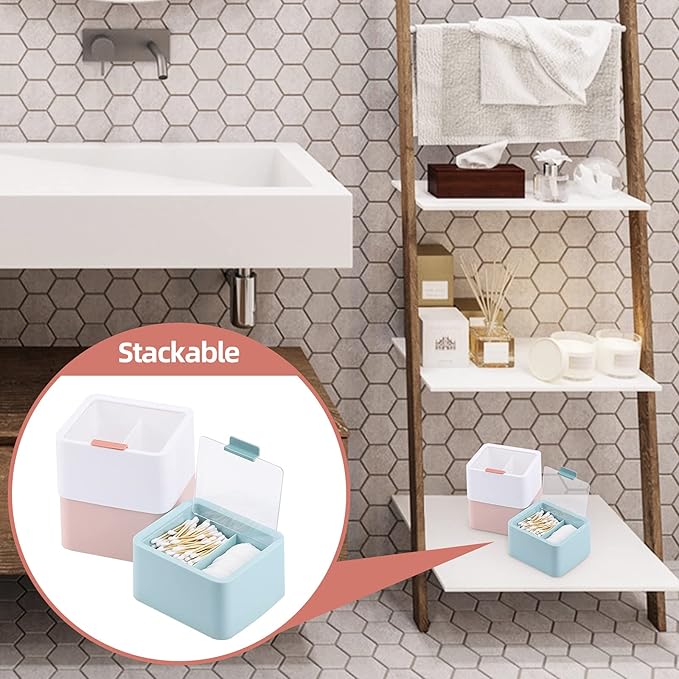 Tecbeauty Large Qtips Holder - 2 Grids Cotton Swabs Dispenser Bathroom Organizer Cotton Balls, Pads Storage Canisters, Hinged Lids, Blue