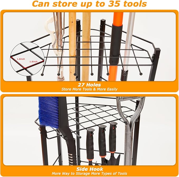 Garden Tool Organizer for Corner, Holds 35 Long-Handled Tools/Rakes/Brooms/Shovles for Garage Organization and Storage, Shed, Outdoor, Lawn, Heavy-Duty Steel, Black, Easy Assembly (Triangle Organizer)