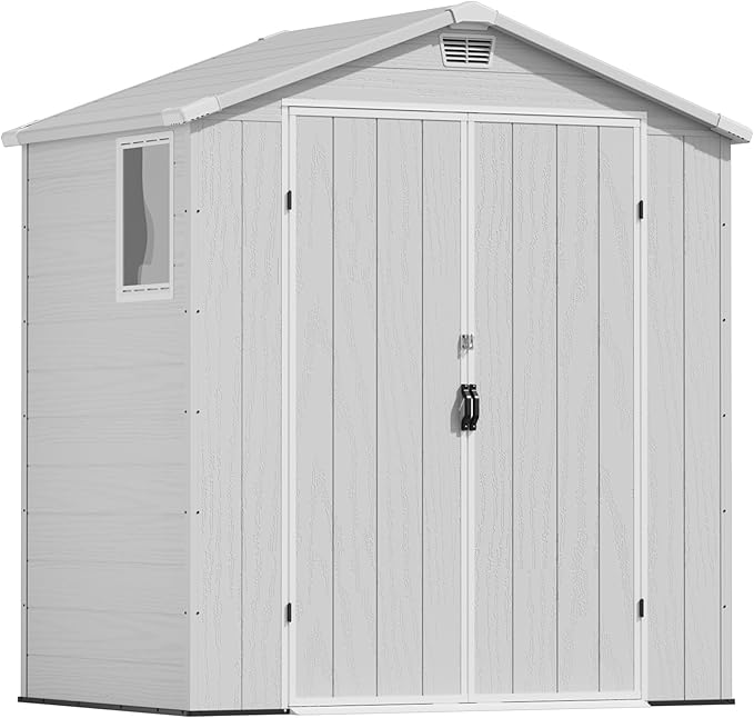 Devoko 6x4 FT Plastic Storage Shed, Outdoor Resin Garden Shed with Floor, Waterproof Tool Storage Shed with Lockable Door and Window for Patio, Garden, Backyard, Light Gray