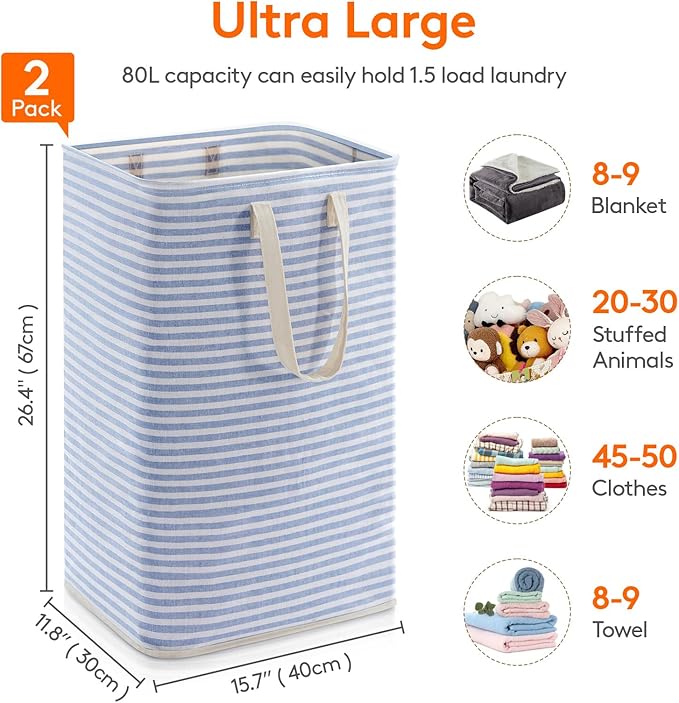 Lifewit 2 Pack Laundry Hamper Large Collapsible Laundry Baskets, Freestanding Waterproof Clothes Hamper with Easy Carry Handles in Laundry Room Bedroom Bathroom College Dorm, Blue, 2 x 80L