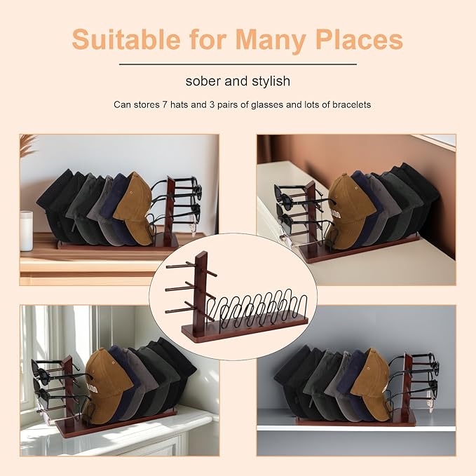 2-In-1 Hat Stand Rack for Baseball Caps Wood Hat Organizer with Eyeglasses Holder Sunglasses Organizer Space-Saving Closet Shelf Organizer for Bedroom Entryway