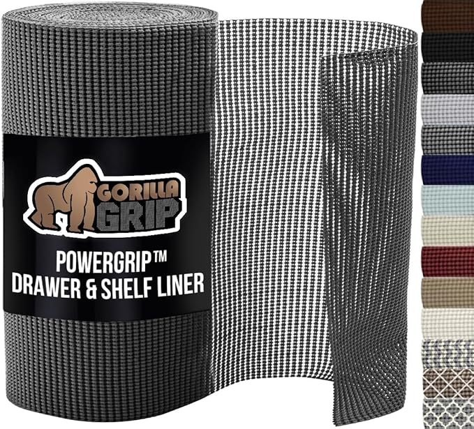 GORILLA GRIP powerGRIP Drawer Shelf and Cabinet Liner, Thick Strong Hold, Non-Adhesive Liners Protect Kitchen Cabinets and Cupboard, Bathroom Drawers, Easy Install, Breathable Mat, 12" x30', Charcoal