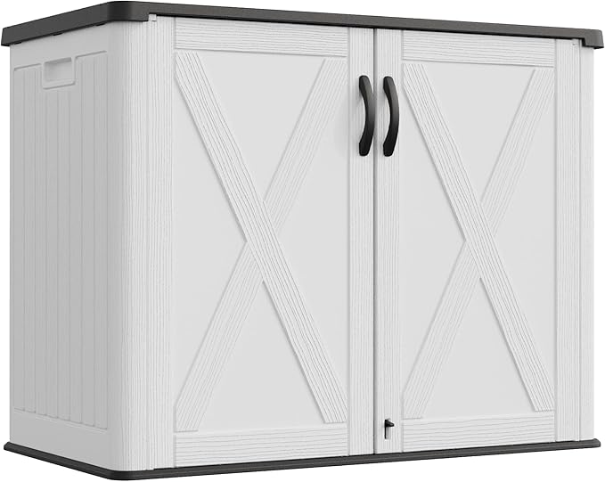 Greesum Outdoor Storage Cabinet, 25 CUFT Deck Box Without Shelves, Waterproof Plastic Storage Shed for Patio Cushions, Gardening Tools, Lockable and Sidehandles, UV Resistant, White