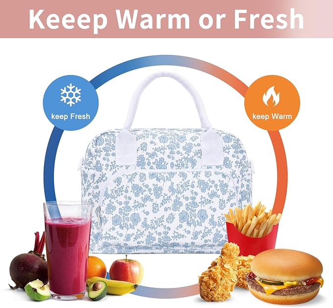 Lunch Bag Women Lunch Box for Women Adult Cute Insulated Lunch Bag Lager Cooler Lunch Tote Bags for Work Picnic (Blue-Floral)