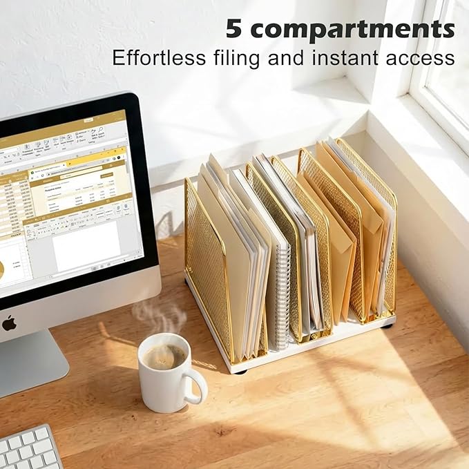 AUPSEN 5-Section Wooden Desktop File Organizer, File Sorter Storage Rack, Vertical File Holder for Office Supplies, Gold