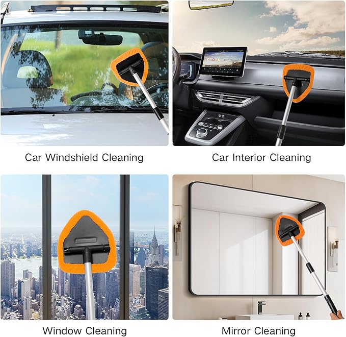 10pcs Windshield Cleaner Tool, Car Window Cleaning Wash Kit with 4 Reusable Microfiber Pads 1 Spray Bottle and Extendable Handle Auto Glass Wiper Kit, Orange