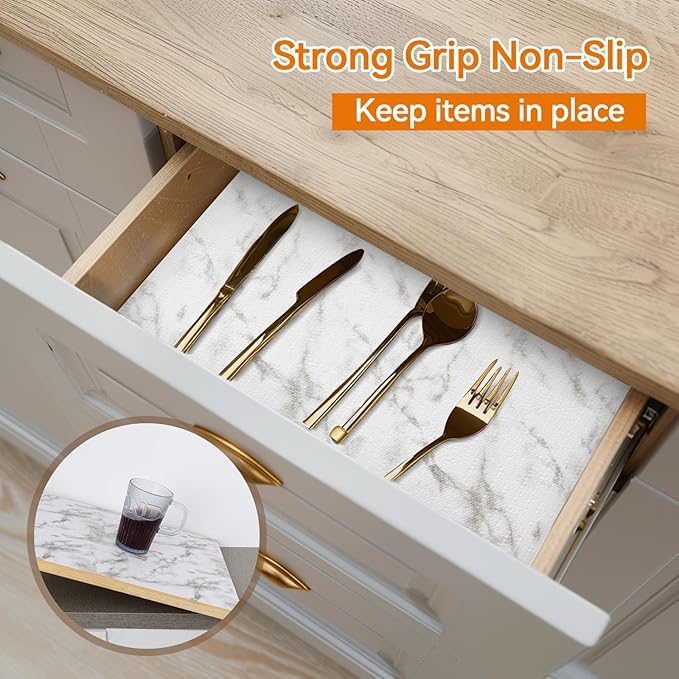 Shelf and Drawer Liner for Kitchen Cabinets Non-Adhesive, Strong Grip Non-Slip Thickened Cabinet Liners for Shelves, Waterproof Mats for Dresser Cupboard, Marble, 12 in x 20 Feet