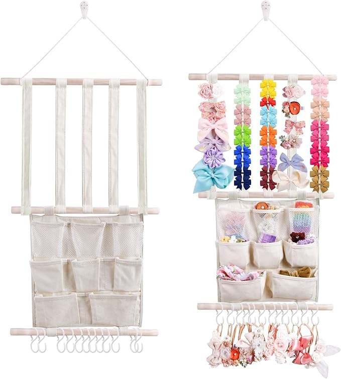 cherrboll Hair Bows Holder Headband Organizer for Girls, Hair Clips Hanger Storage with Hooks, Wall Hanging Decor for Nursery Room