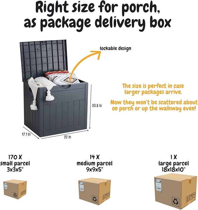 EHHLY 33 Gallon Deck Box, Small Outdoor Storage Box Waterproof, Lockable Secure Package Bin Delivery Box for Outside Front Porch, Patio Cushions Storage Box, Delivery Driver Snack Box for Porch, Grey