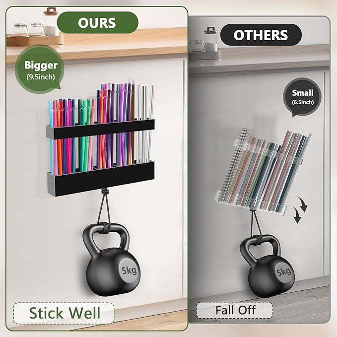 9.5” Large Acrylic Straw Holder for Cabinet Door - Reusable Tumbler Straw Organizer Storage, Small Kitchen Accessories Container, Ultra Sticky Cupboard Door Mounted (Black)