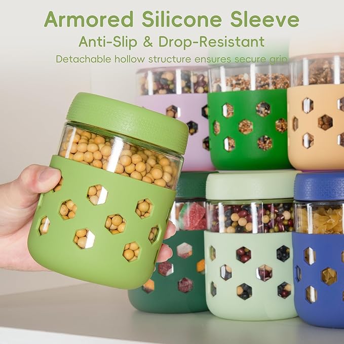 Gemice 6-Pack 16 oz Overnight Oats Containers with Lids and Silicone Sleeves, Glass Mason Jars with Airtight Lid, Dishwasher Safe, Wide Mouth Chia Seed Pudding Meal Prep Jar for Yogurt Berries Snack