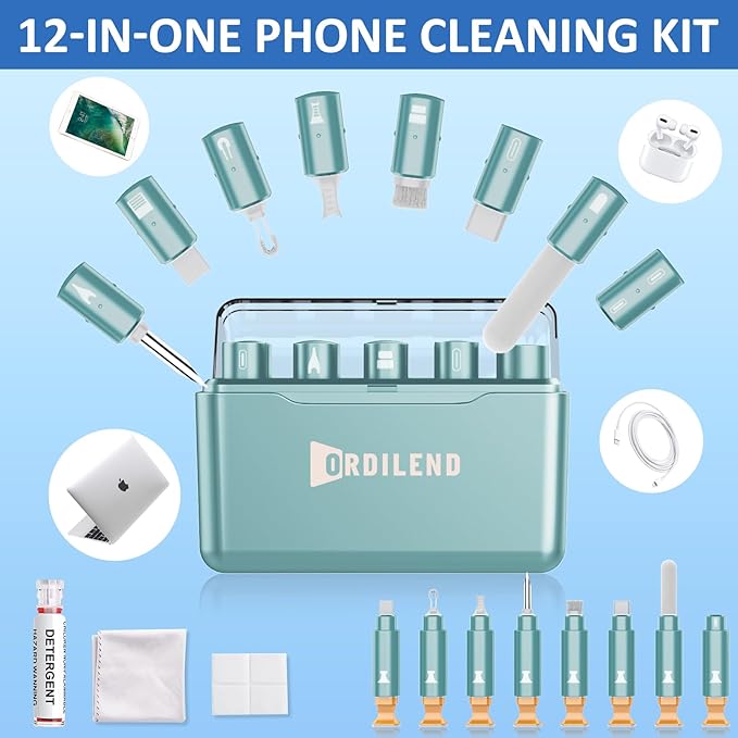 Ordilend for iPhone Cleaning Kit for Charging Port Cleaner, Multi-Tool iPhone Cleaner Repair Lightning Cable, Cell Phone Cleaning Kit for iPad, Connector, Speaker, Airpod with Storage Case, Mint