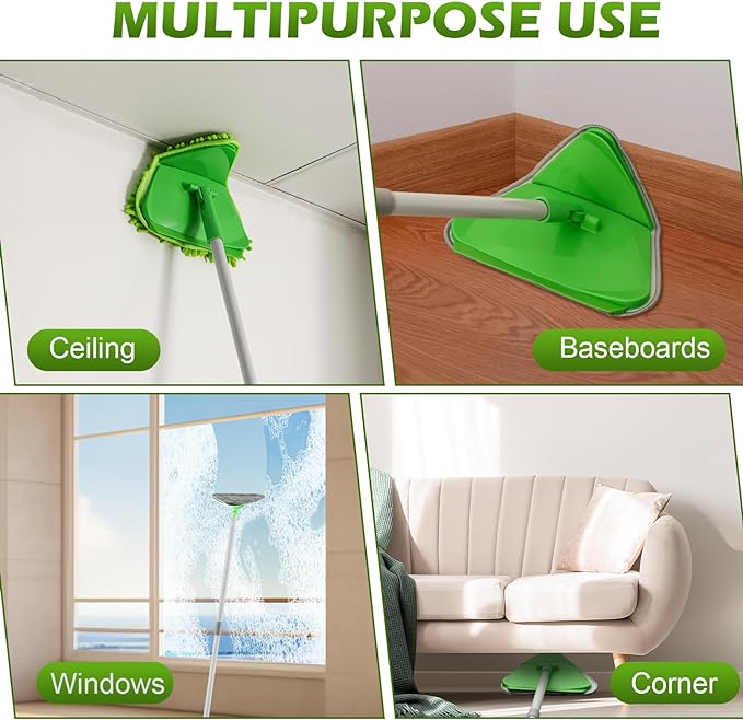 RONSUNG Wall Cleaner Triangle Mop with 82'' Long Handle - Wall Scrubber, Cleaning Washer Tool with 6 Pads for Clean Walls, Ceiling, Windows, Floors, Baseboards (Green)