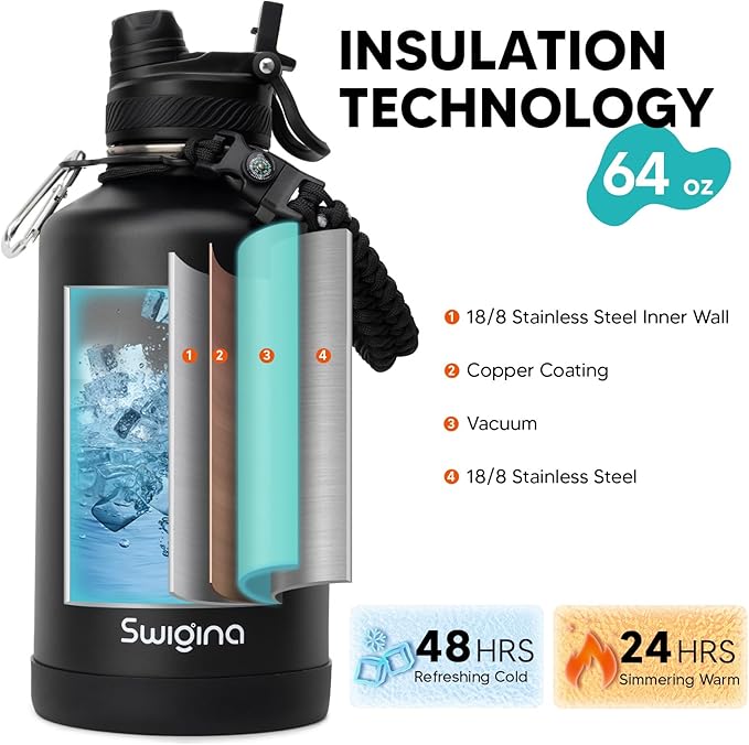 [2-IN-1 LID] 64 oz Insulated Water Bottle with Silicone Boot (48hrs Cold/24hrs Hot) - DIY Stickers, Leakproof, BPA Free, Half Gallon