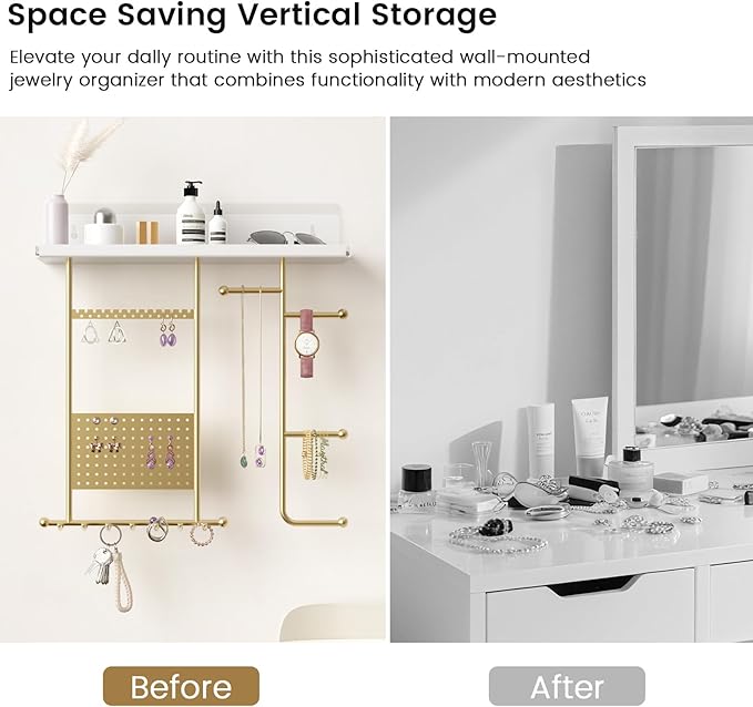 Wall Mounted Jewelry Organizer with Shelf: Metal Display Stand with Velvet Pad, Multi-Layer Necklace Hanging Rack for Bedroom Bathroom Space Saving No-Drill Wall Decor